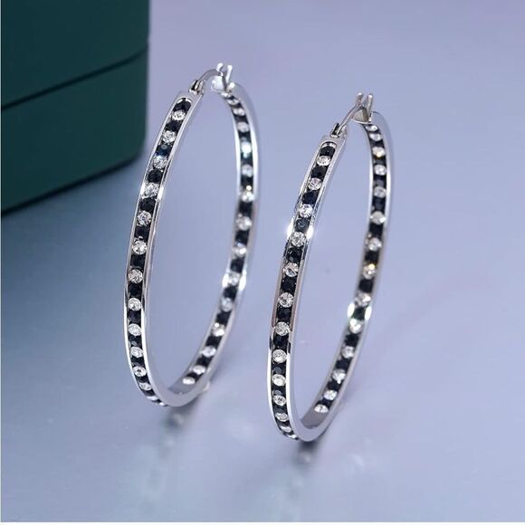 14K White Gold with Black Onyx and White Diamond Cubic Zirconia Hoop Earrings - Picture 2 of 6